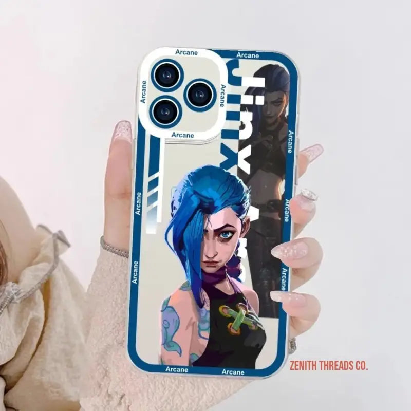 IPhone case featuring anime-style artwork of a character with blue hair against a white and blue design.