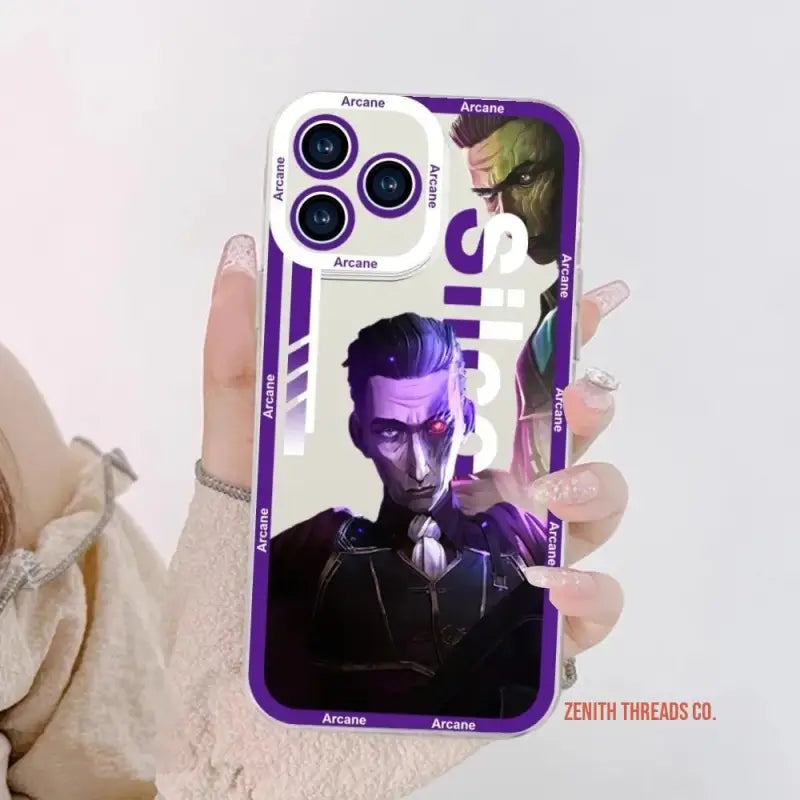 IPhone case featuring anime-style artwork with a purple and black color scheme.