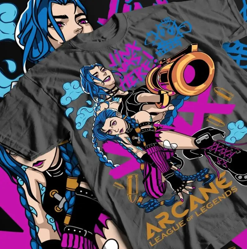 T-shirt design featuring anime-style artwork with blue-haired characters and vibrant pink splashes.