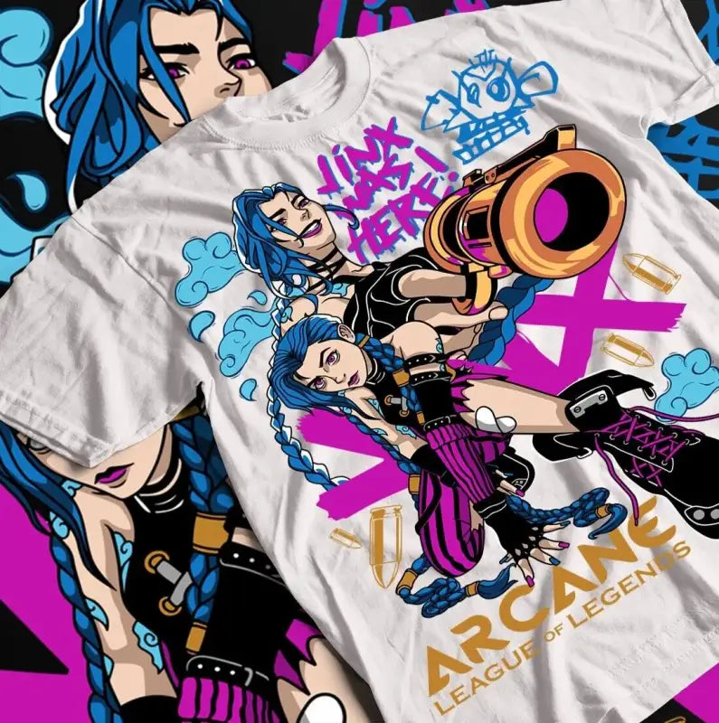 White t-shirt featuring anime-style artwork of Jinx from League of Legends with bright pink and blue accents.