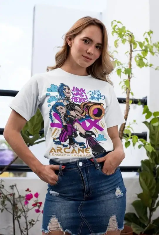 White graphic t-shirt featuring colorful artwork of a character from the animated series Arcane.