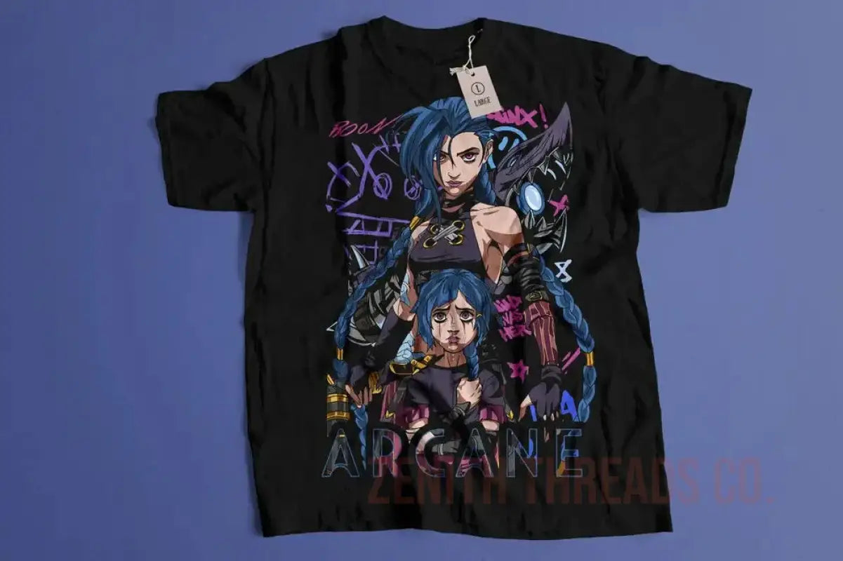 Black t-shirt featuring anime-style artwork with characters and neon-colored design elements.