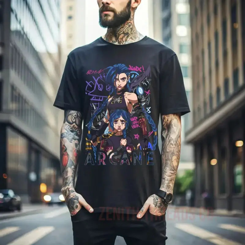 Black t-shirt featuring anime-style artwork with colorful character illustrations and text.