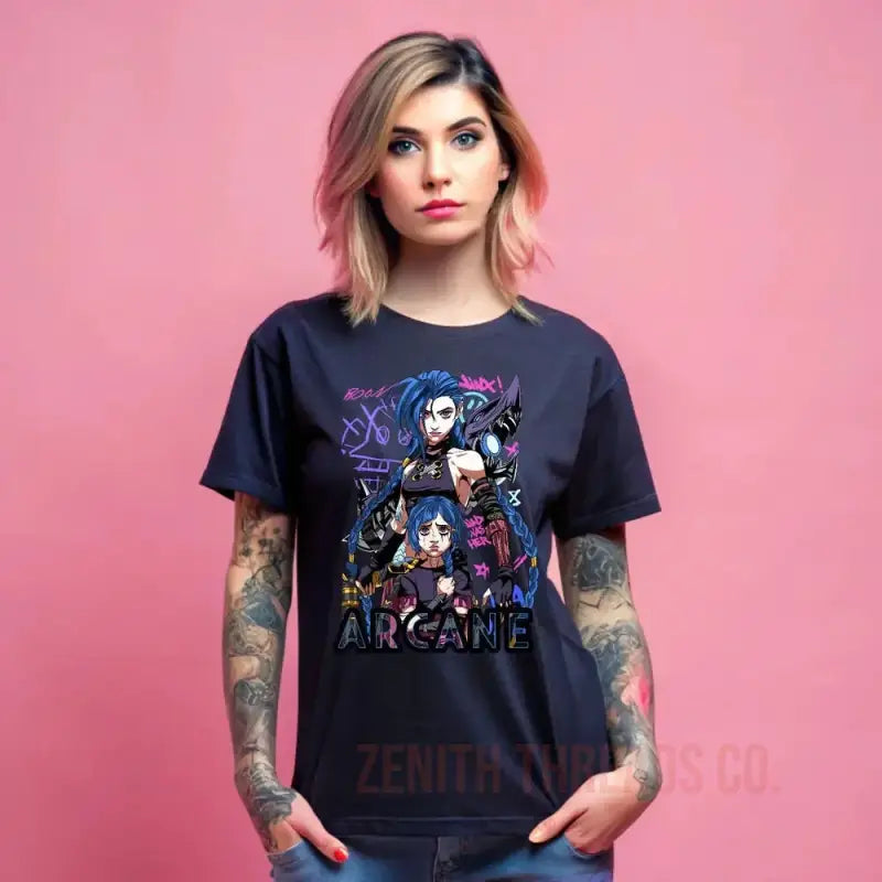 Navy blue t-shirt featuring Arcane animated characters artwork in purple and blue tones.