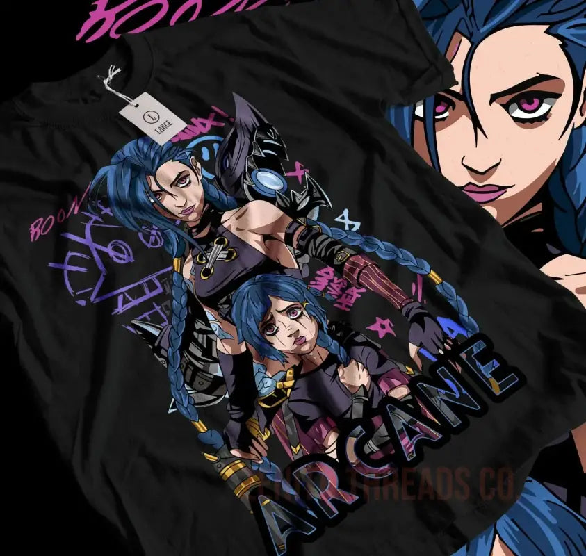 Black t-shirt with anime-style artwork featuring characters with blue hair and pink/purple accents.