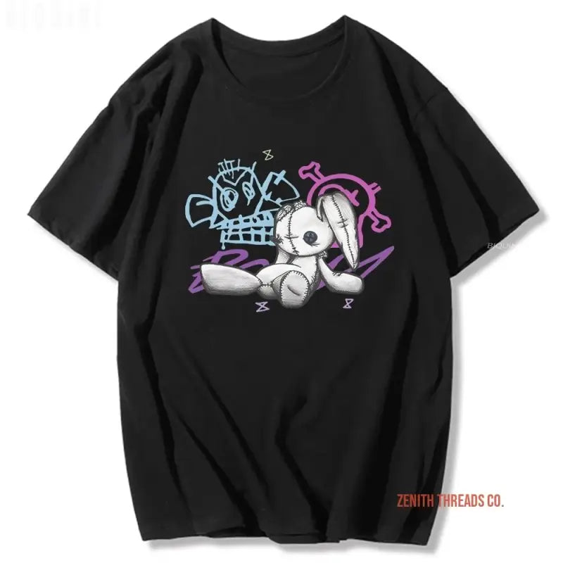 Black t-shirt with a cartoon skull and voodoo doll graphic design in blue and purple colors.