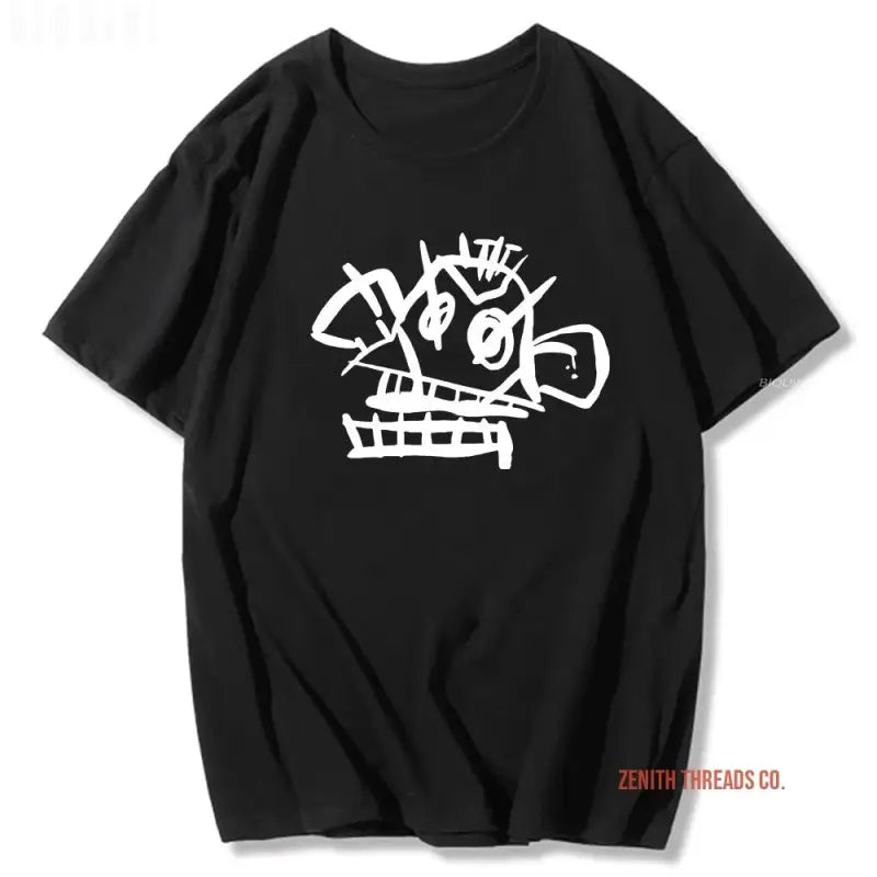 Black t-shirt with a white abstract graffiti-style design and small orange text.