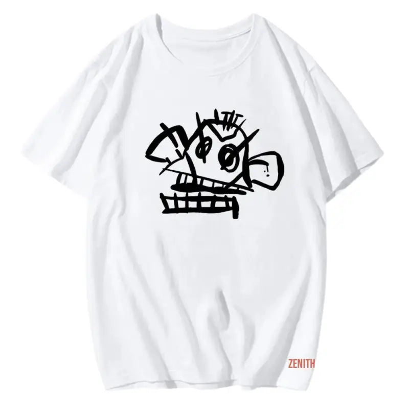 White t-shirt with a black abstract graffiti-style face design and small red text.