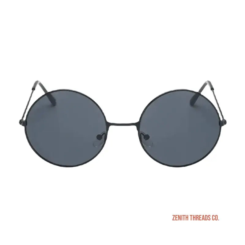 Round black metal sunglasses with dark gray lenses.