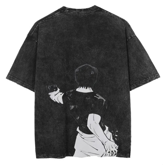 Black graphic tee featuring a Jujutsu Kaisen print inspired design