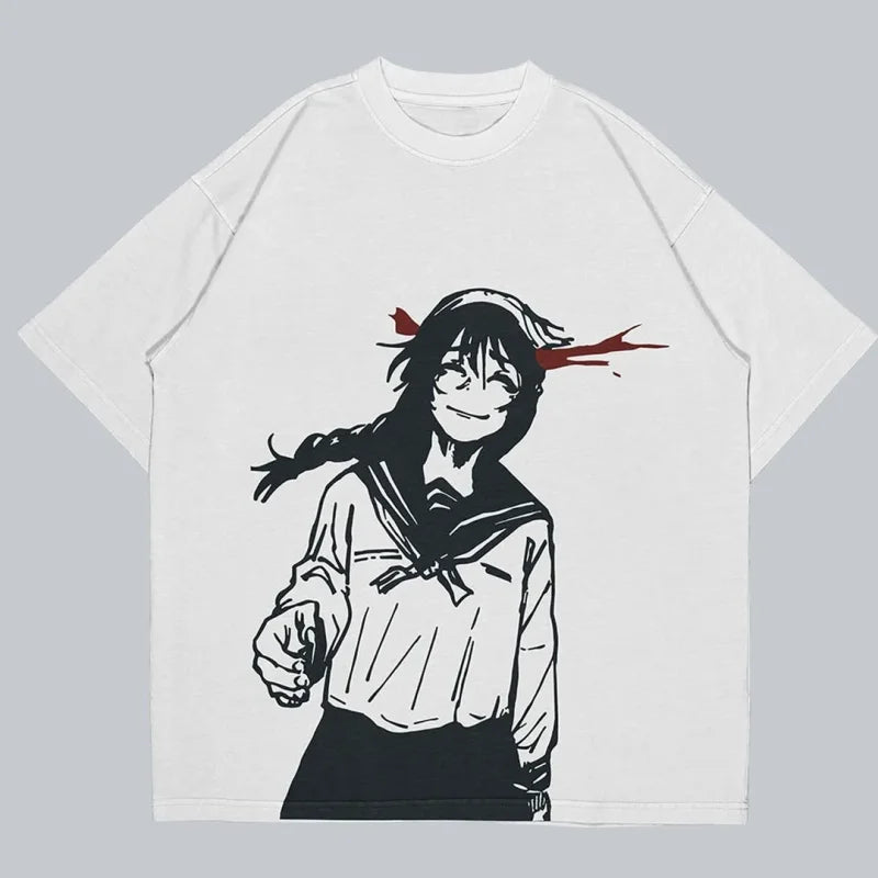 White Jujutsu Kaisen graphic tee featuring an anime girl headshot print inspired design