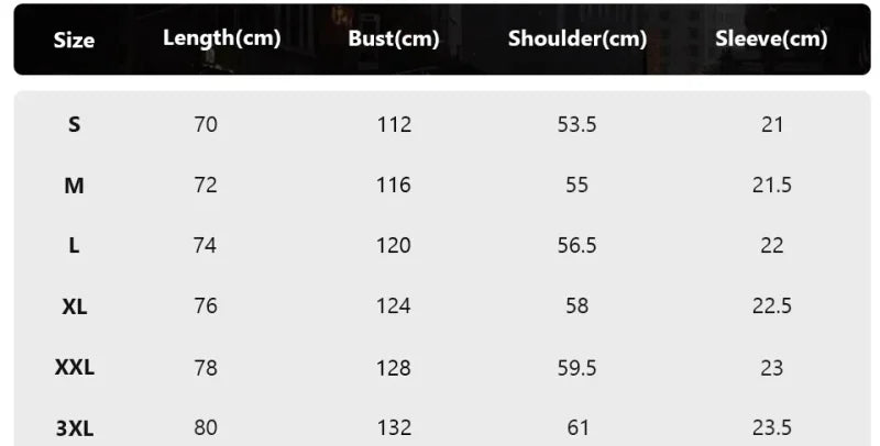 Clothing size chart for Jujutsu Kaisen graphic tee print inspired design