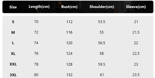 Clothing size chart for Jujutsu Kaisen graphic tee print inspired design