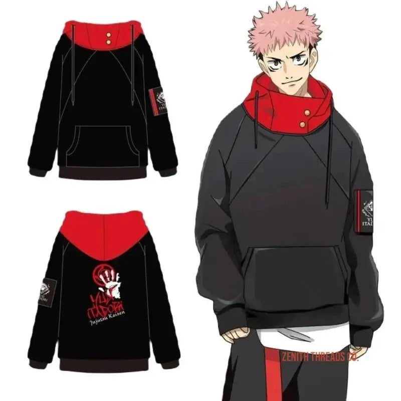 Black and red anime-style hoodie with contrasting collar and sleeve details.