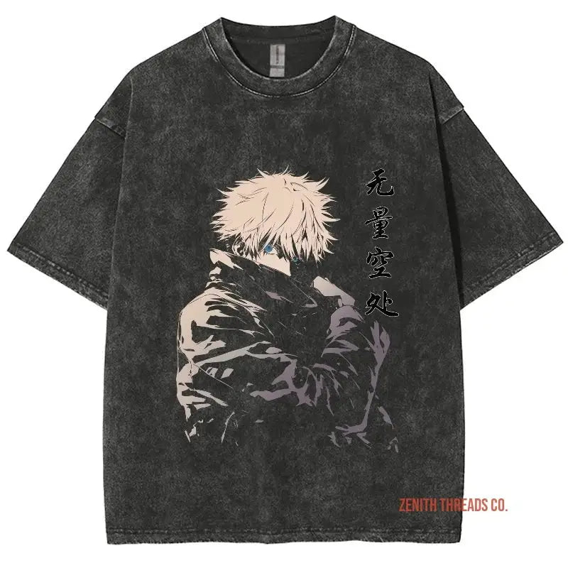 Black acid-washed t-shirt featuring an anime character design and Japanese text.