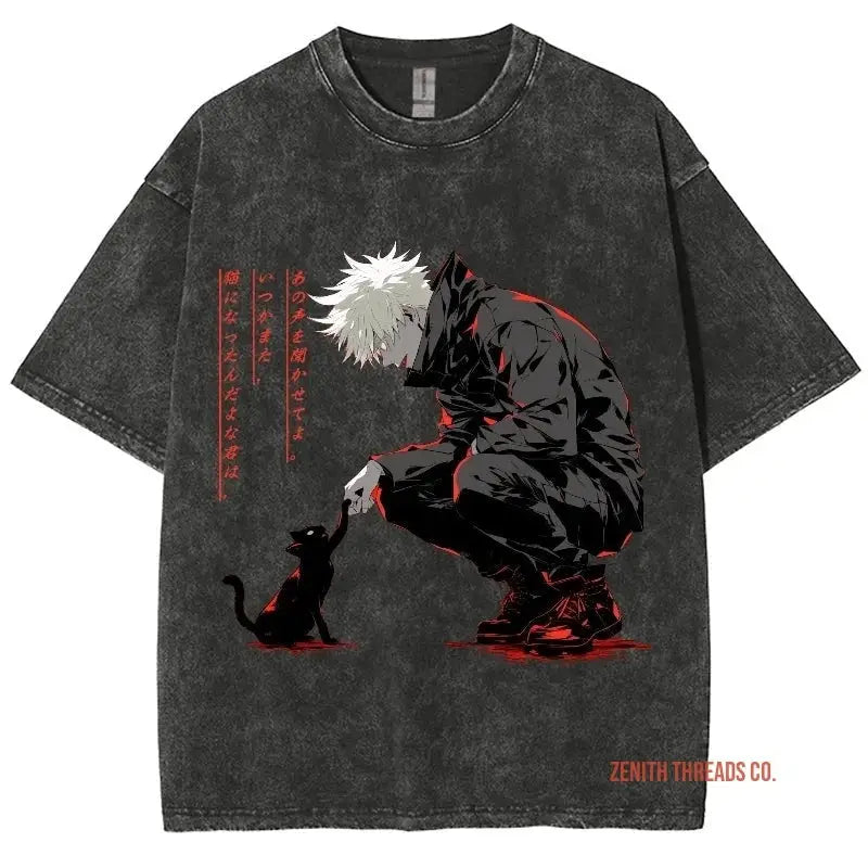 Black t-shirt featuring an anime-style illustration of a figure crouching near a cat with red accents.