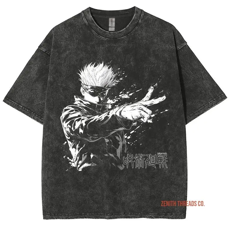 Black t-shirt featuring a dramatic black and white anime character design with splatter effects.