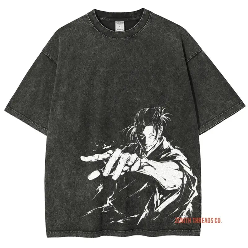 Black vintage-style t-shirt featuring a monochromatic manga character illustration.