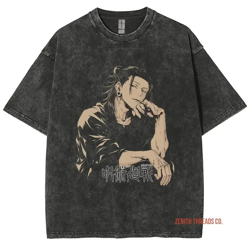 Black vintage-style anime graphic t-shirt with Japanese text and character artwork.