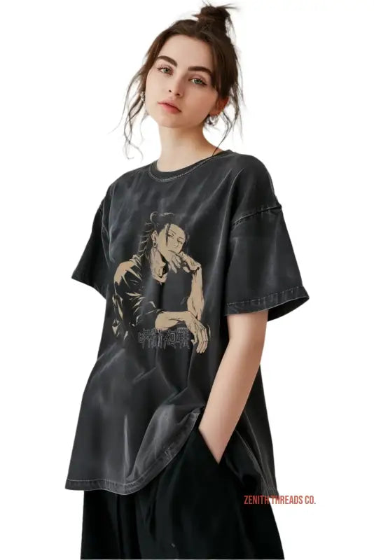 Black graphic t-shirt featuring a vintage-style artistic print in beige tones.