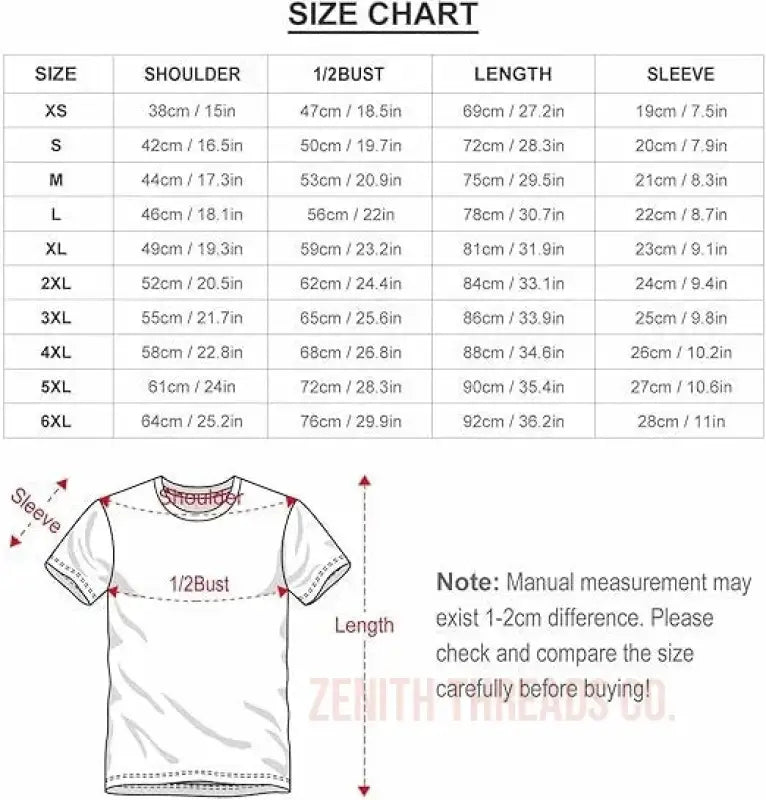 Size chart showing measurements for t-shirt dimensions across different sizes from XS to 6XL.