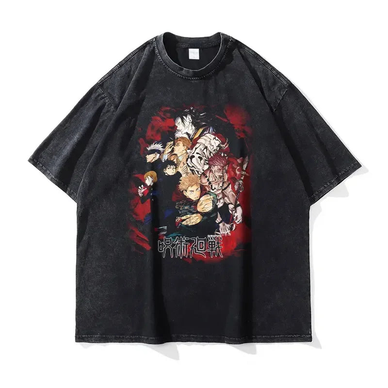 Black Jujutsu Kaisen vintage t-shirt featuring anime characters, ideal finished goods for teens