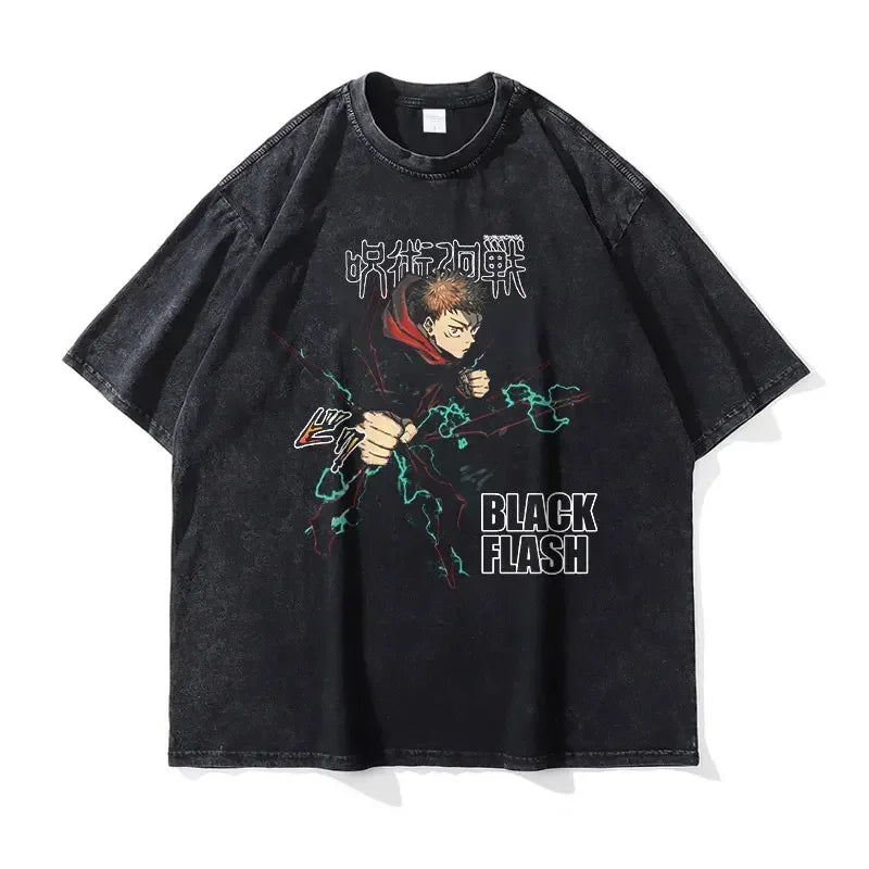 Black graphic t-shirt from Jujutsu Kaisen anime, suitable for all ages as finished goods