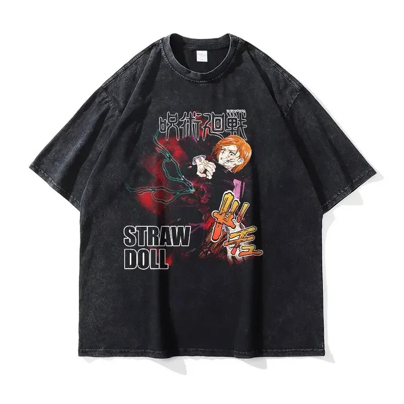 Black graphic t-shirt featuring Jujutsu Kaisen anime, ideal finished goods for all ages