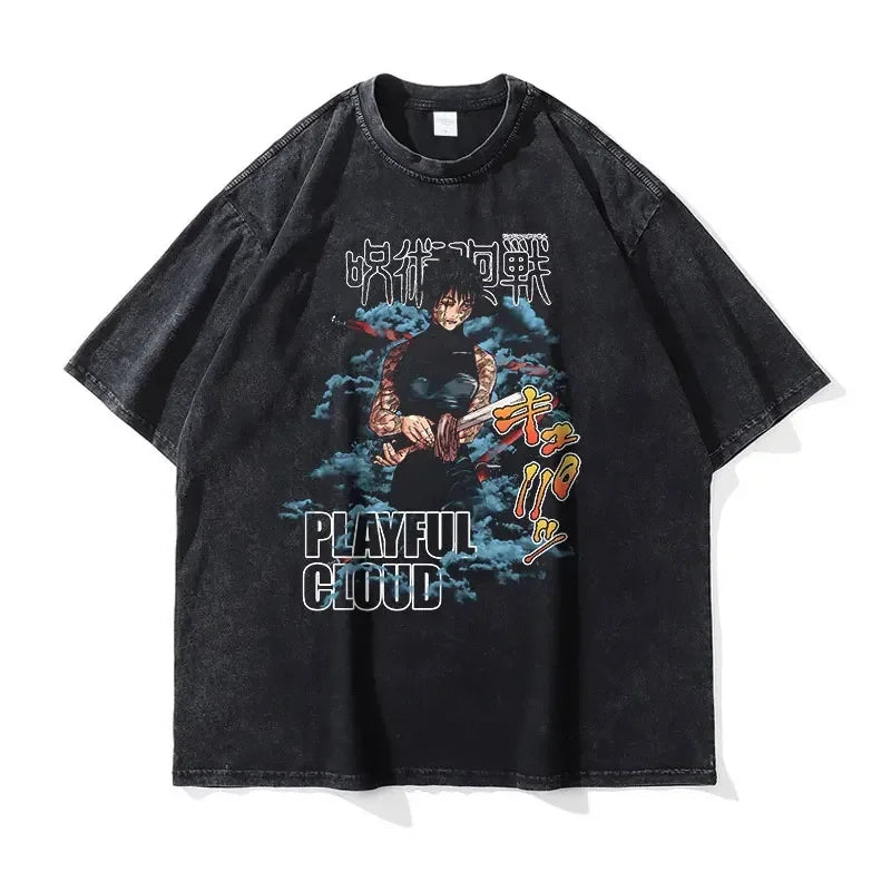 Black graphic Jujutsu Kaisen anime vintage t-shirt for finished goods and all ages