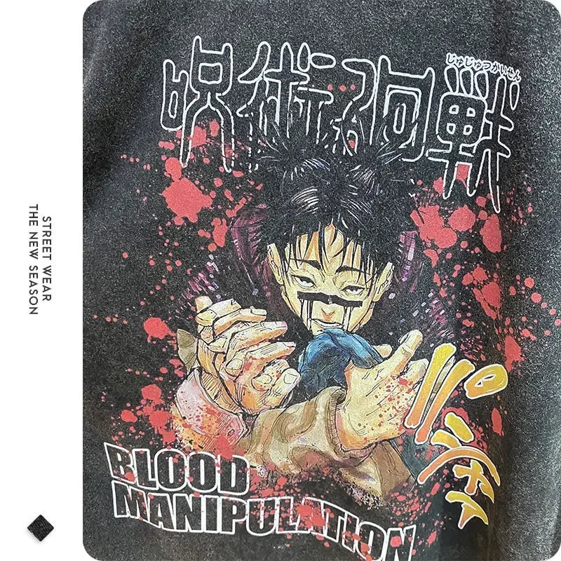 Anime-themed graphic tee featuring Jujutsu Kaisen, suitable for all ages as finished goods