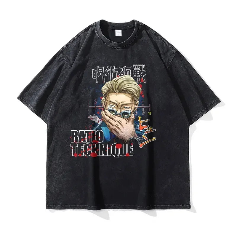 Black graphic t-shirt featuring Jujutsu Kaisen, ideal finished goods for anime fans