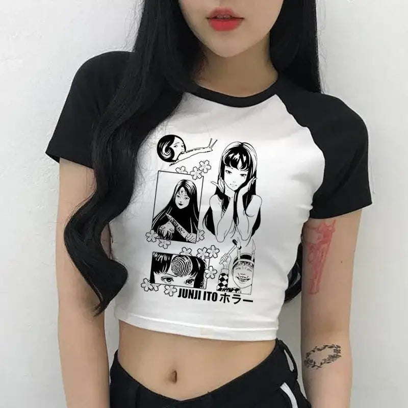 Black and white cropped raglan t-shirt featuring manga-style anime character illustrations.