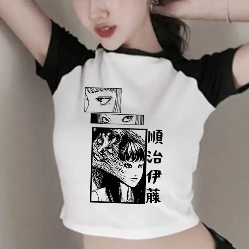 White t-shirt with black manga-style artwork featuring character panels and Japanese text.