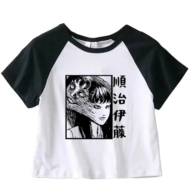 Black and white raglan t-shirt featuring Japanese manga-style artwork and characters.