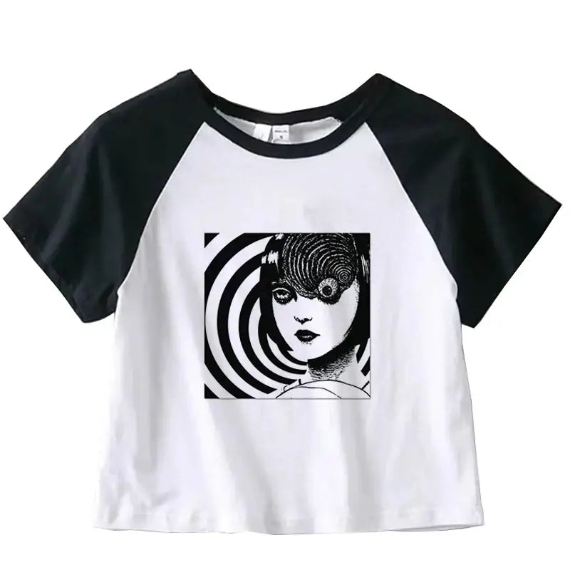 Black and white raglan t-shirt with a spiral graphic art design on the front.