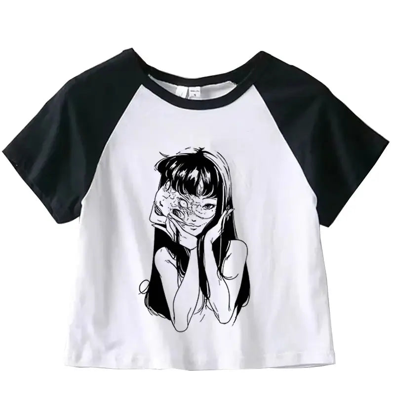 Black and white raglan t-shirt with an anime-style illustration of a girl covering her face with her hands.