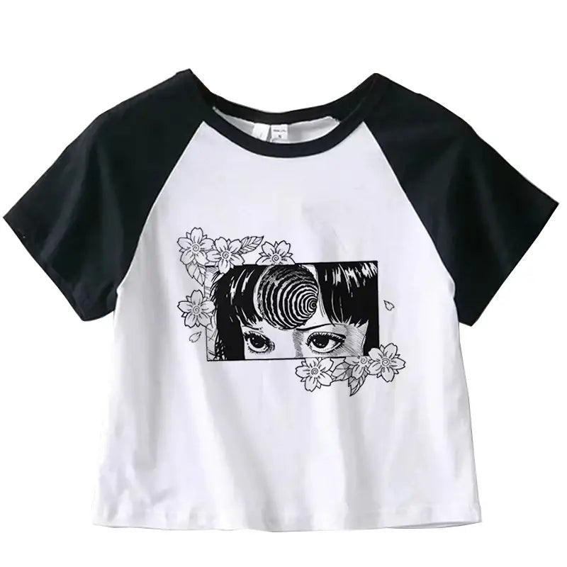 Black and white raglan t-shirt with manga-style eyes and floral artwork printed on the front.