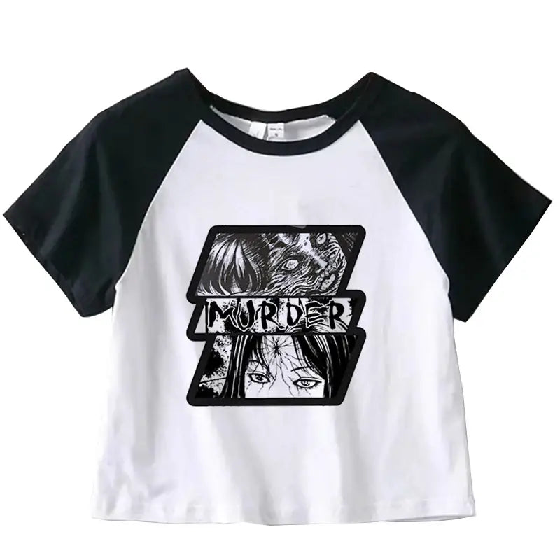 Black and white raglan t-shirt with manga-style artwork and ’Murder’ text graphic.