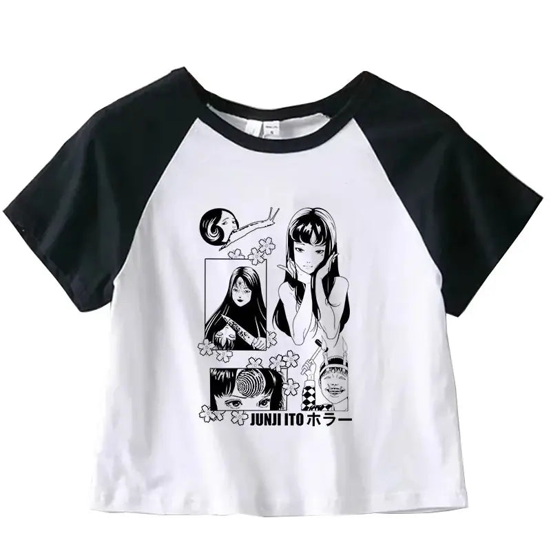 Black and white raglan t-shirt featuring manga-style artwork panels.