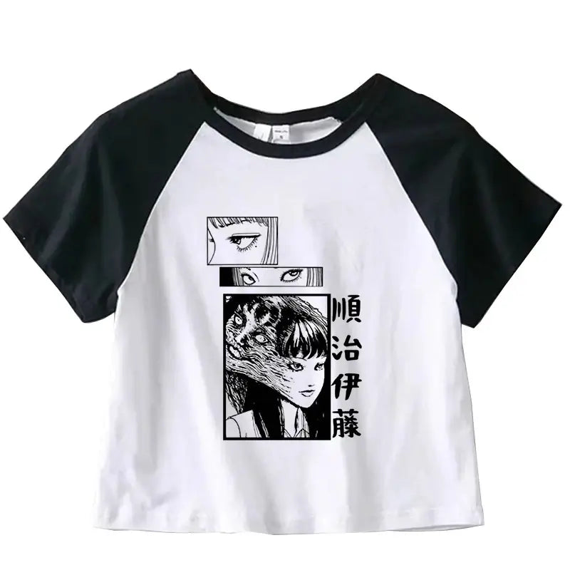 Black and white raglan t-shirt featuring manga-style artwork panels.