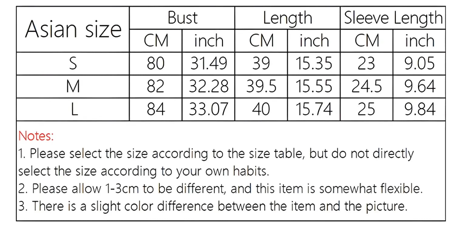 Size chart showing bust, length and sleeve measurements in both centimeters and inches for S, M, and L Asian sizes.