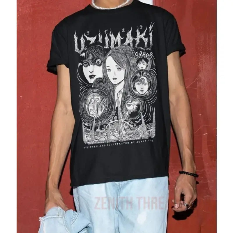 Black t-shirt featuring gothic anime-style artwork of multiple female faces with swirling designs.