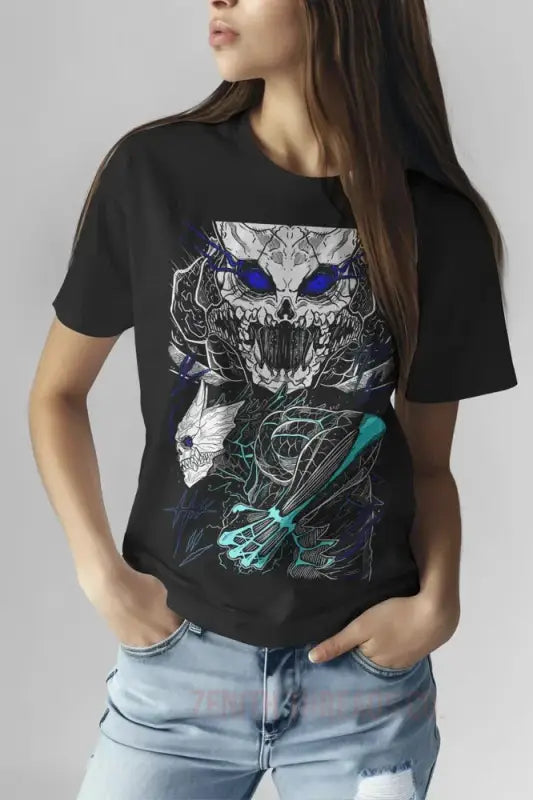 Black t-shirt featuring a cat with glowing blue eyes playing an electric guitar.