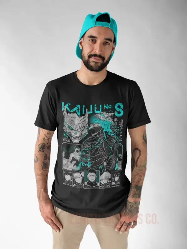 Black t-shirt with teal-colored monster artwork and text design.