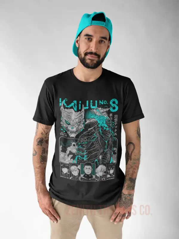 Black t-shirt featuring turquoise skull and skeleton artwork with text.