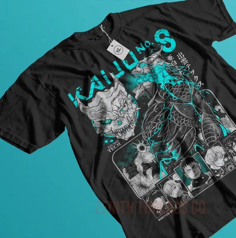 Black t-shirt featuring manga-style artwork in turquoise and gray tones.