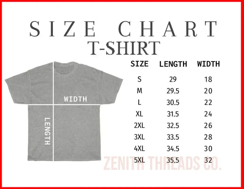 Size chart showing t-shirt measurements in length and width across different sizes from S to 5XL.