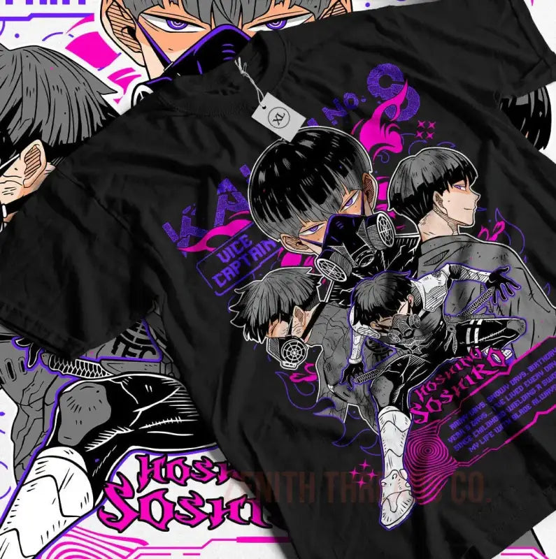 Black t-shirt with anime-style artwork featuring characters in purple and pink accents.