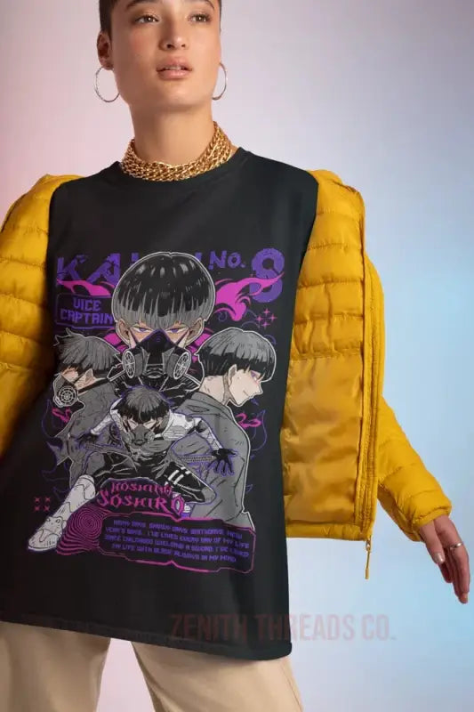 Black graphic t-shirt with anime character art and purple accents worn with a yellow puffer sleeve jacket.