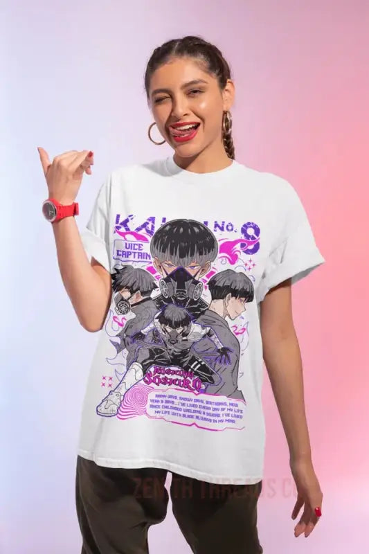 White graphic t-shirt featuring anime-style artwork in black and purple colors.